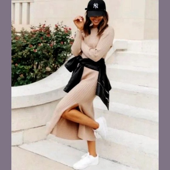 WAYF Size XS Womens BFF Hollie Long Sleeve Side Slit Sweater Dress in Camel - Picture 1 of 13